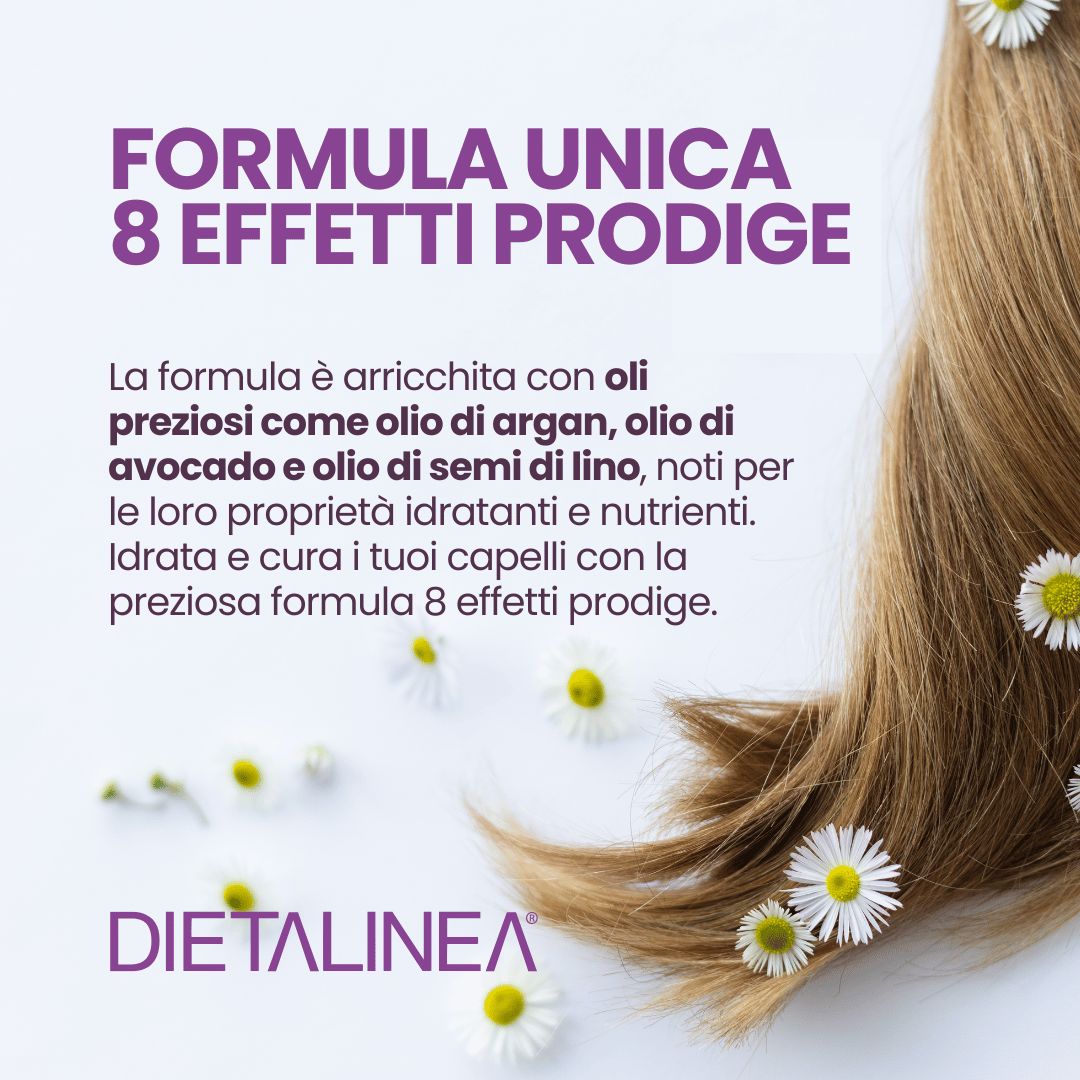 Shampoo DIETALINEA con formula unica per 8 effetti, arricchito con oli preziosi.