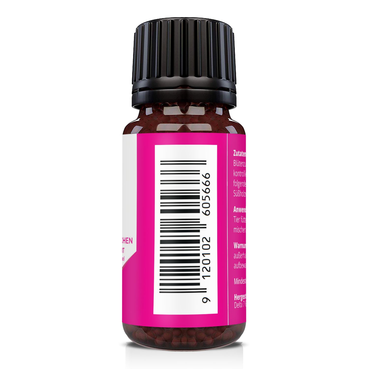 Retro del flacone di vetro marrone con tappo nero ed etichetta rosa. Codice a barre e testo.