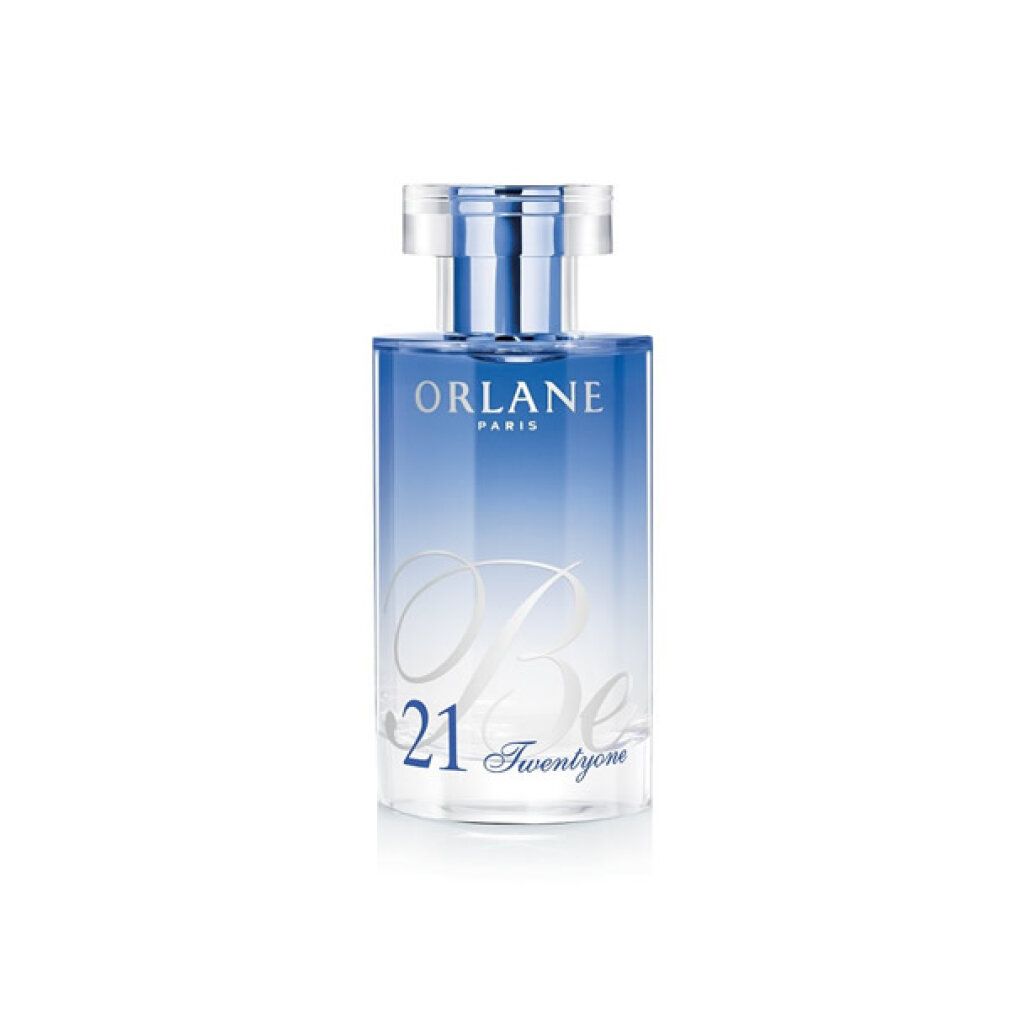 Flacone di profumo Orlane Be 21 con sfumatura blu e scritta argentata.