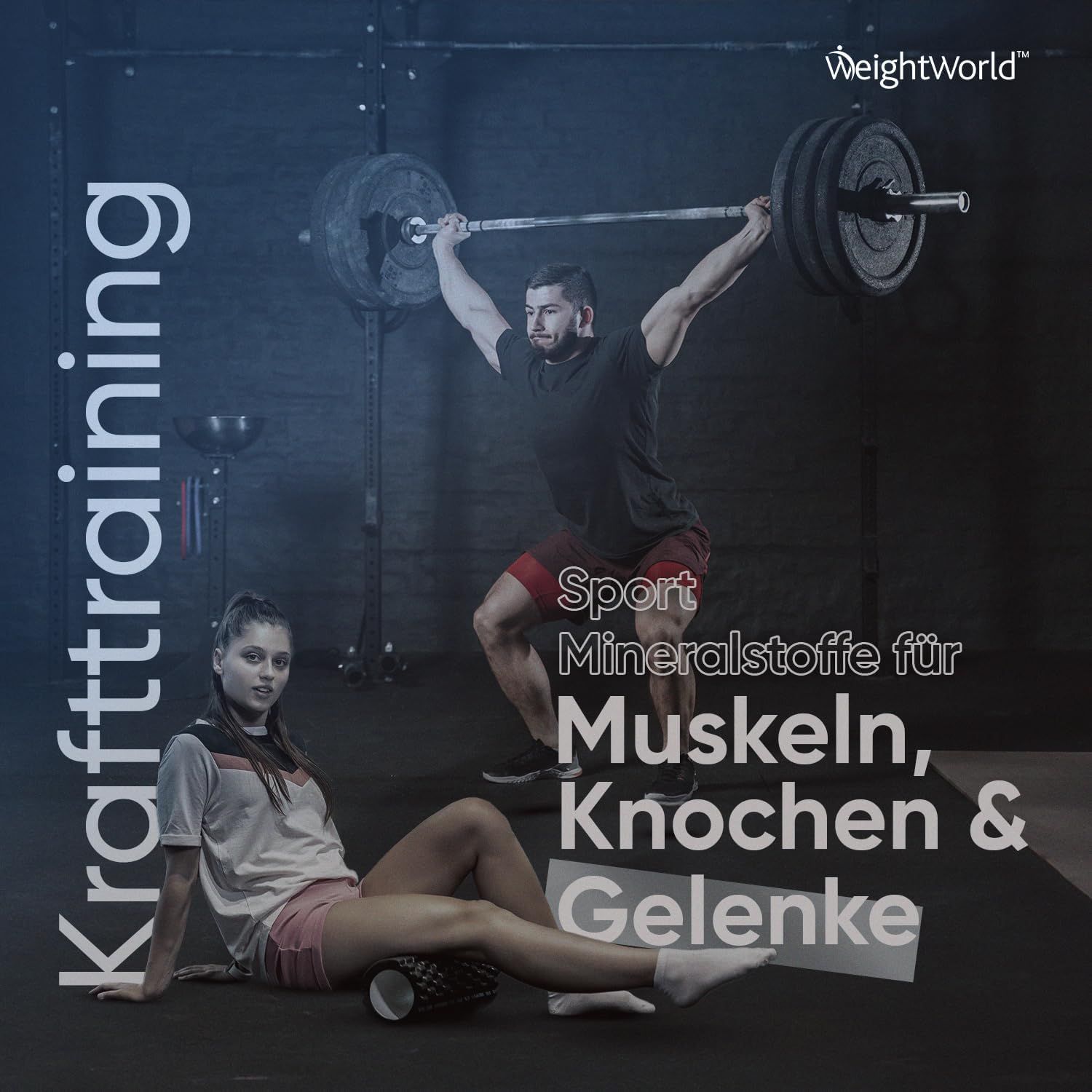 Due persone si allenano in palestra. Testo: Minerali sportivi per muscoli, ossa e articolazioni. Logo WeightWorld.