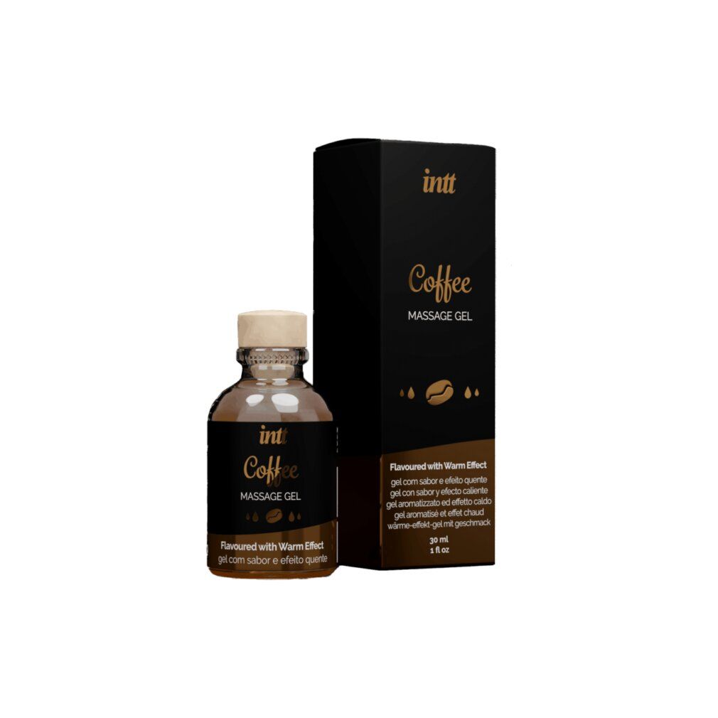 Bottiglia di vetro marrone e confezione nera. Scritta: intt Coffee Massage Gel. Con effetto caldo. 30 ml.