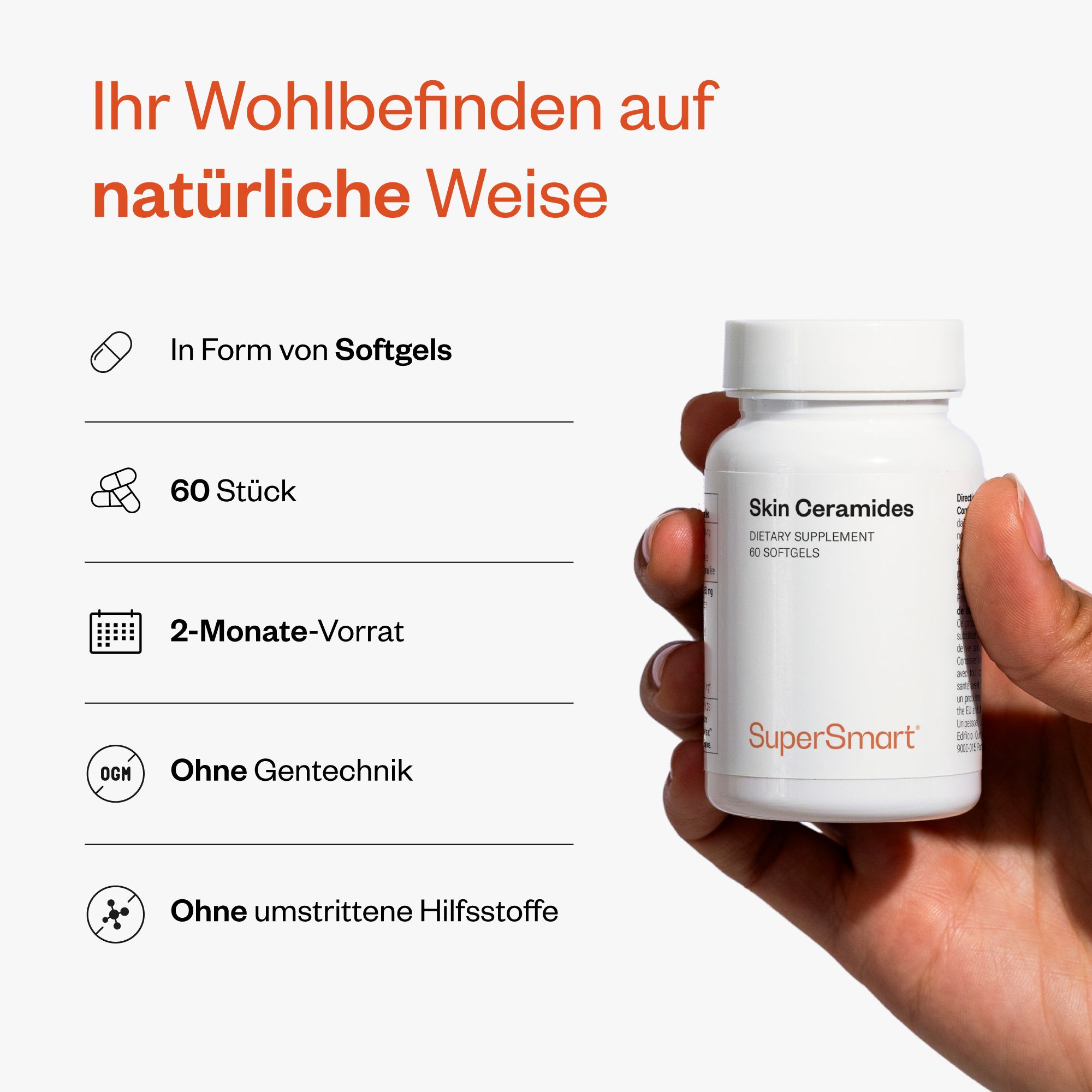 Una mano tiene una bottiglia bianca di Skin Ceramides Softgels. La bottiglia indica 60 pezzi, scorta di 2 mesi, senza OGM.