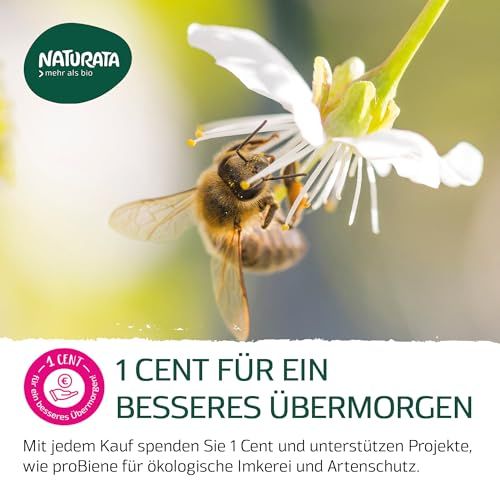 Ape su fiore, logo Naturata e testo su donazione di 1 centesimo per progetti.