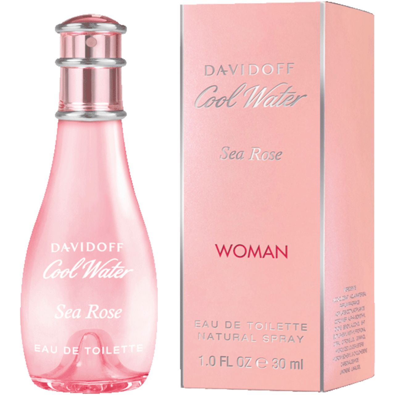 Flacone e scatola rosa. Sulla scatola c'è scritto "Davidoff Cool Water Sea Rose Woman".