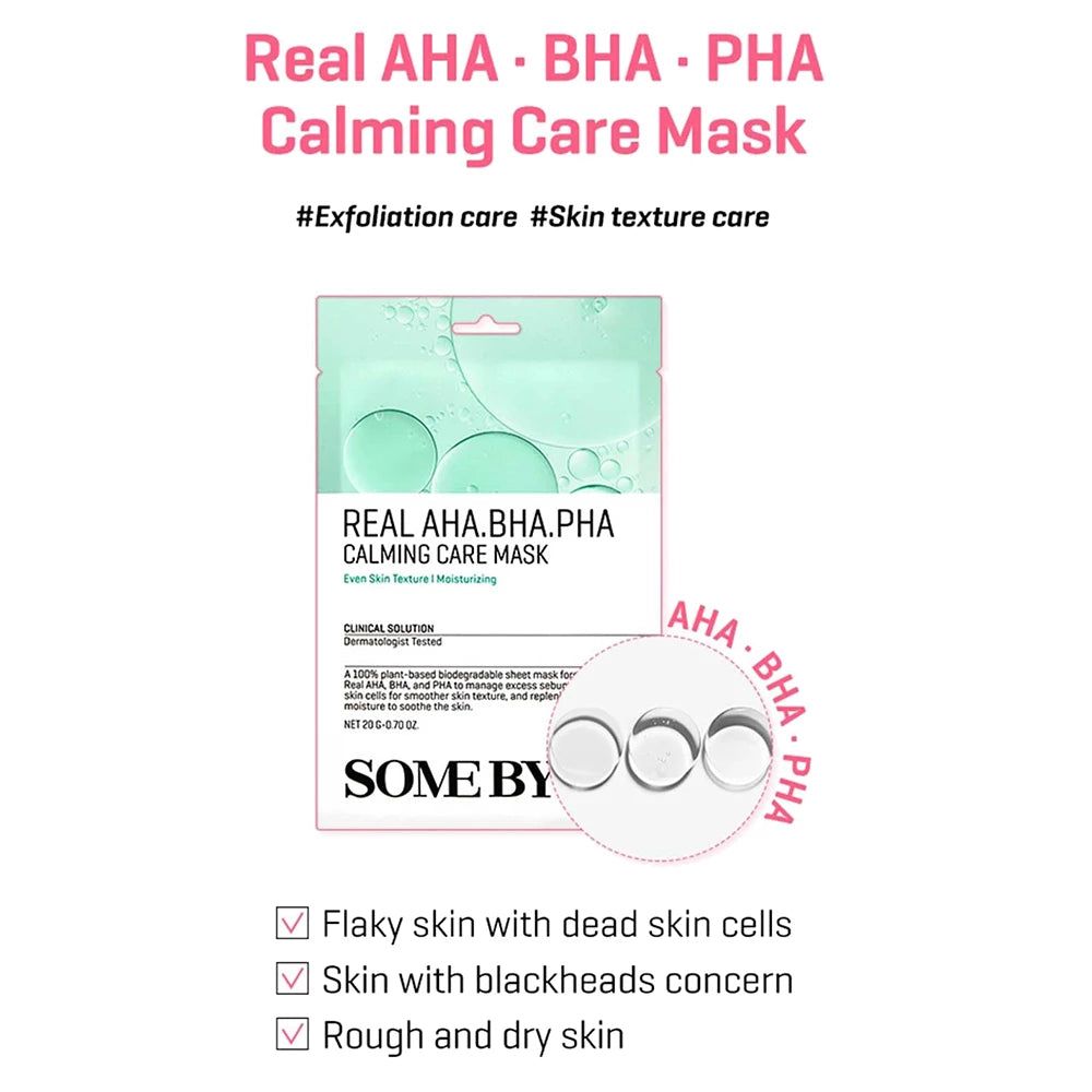 Maschera calmante SOMEBYMI Real AHA-BHA-PHA confezione con informazioni sul prodotto e aree di applicazione.