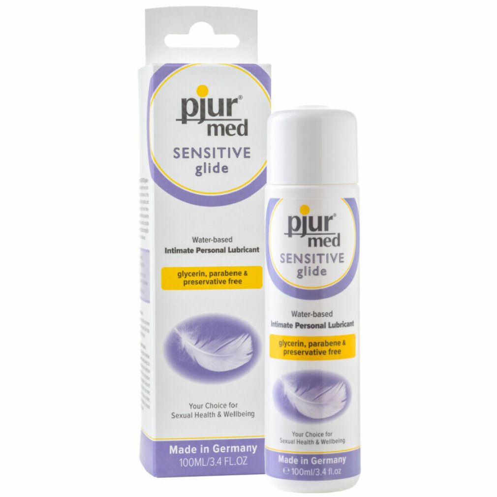 pjur med Sensitive Glide, lubrificante personale. Flacone e confezione da 100 ml. A base d'acqua, senza glicerina, parabeni e conservanti.