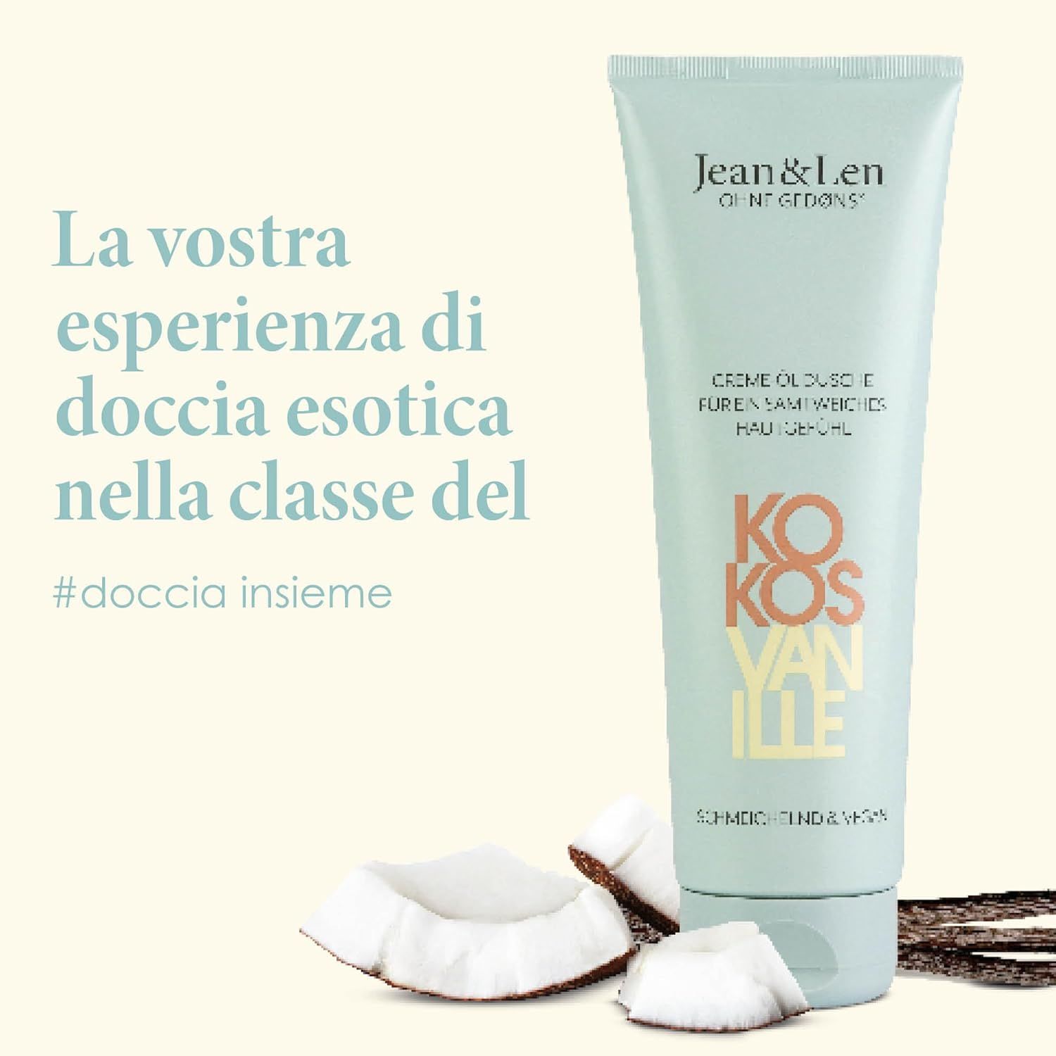 Tubo verde chiaro con stampa del prodotto. Profumo cocco-vaniglia. Cocco e baccelli di vaniglia accanto. Testo: La vostra esperienza di doccia esotica.