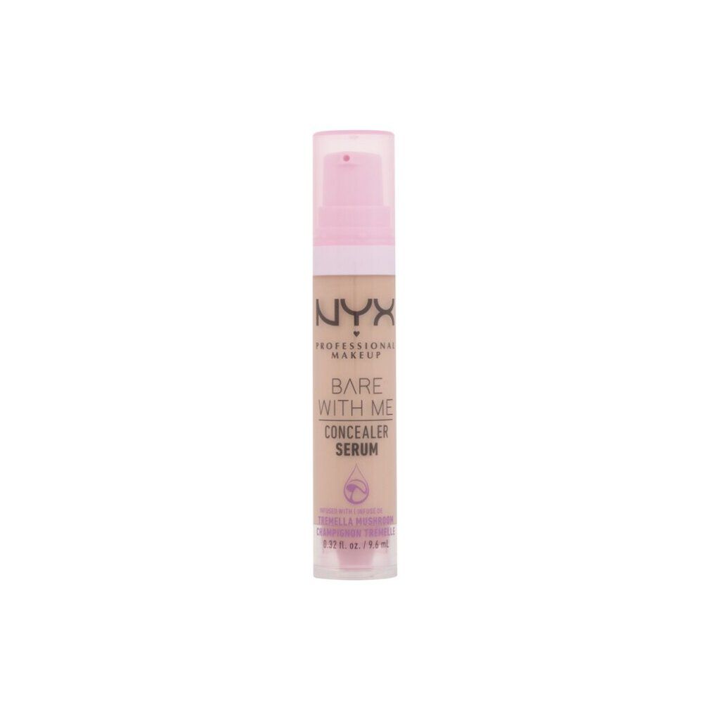 Siero correttore NYX Professional Makeup Bare With Me. Flacone con dosatore a pompa. Tappo rosa chiaro. Testo.