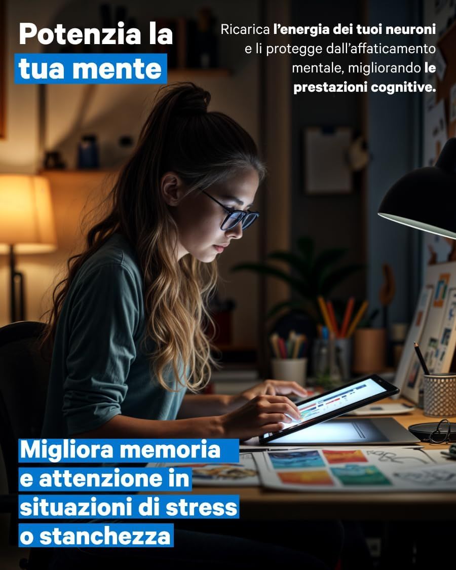 Giovane donna alla scrivania con tablet, migliora memoria e attenzione in situazioni di stress.