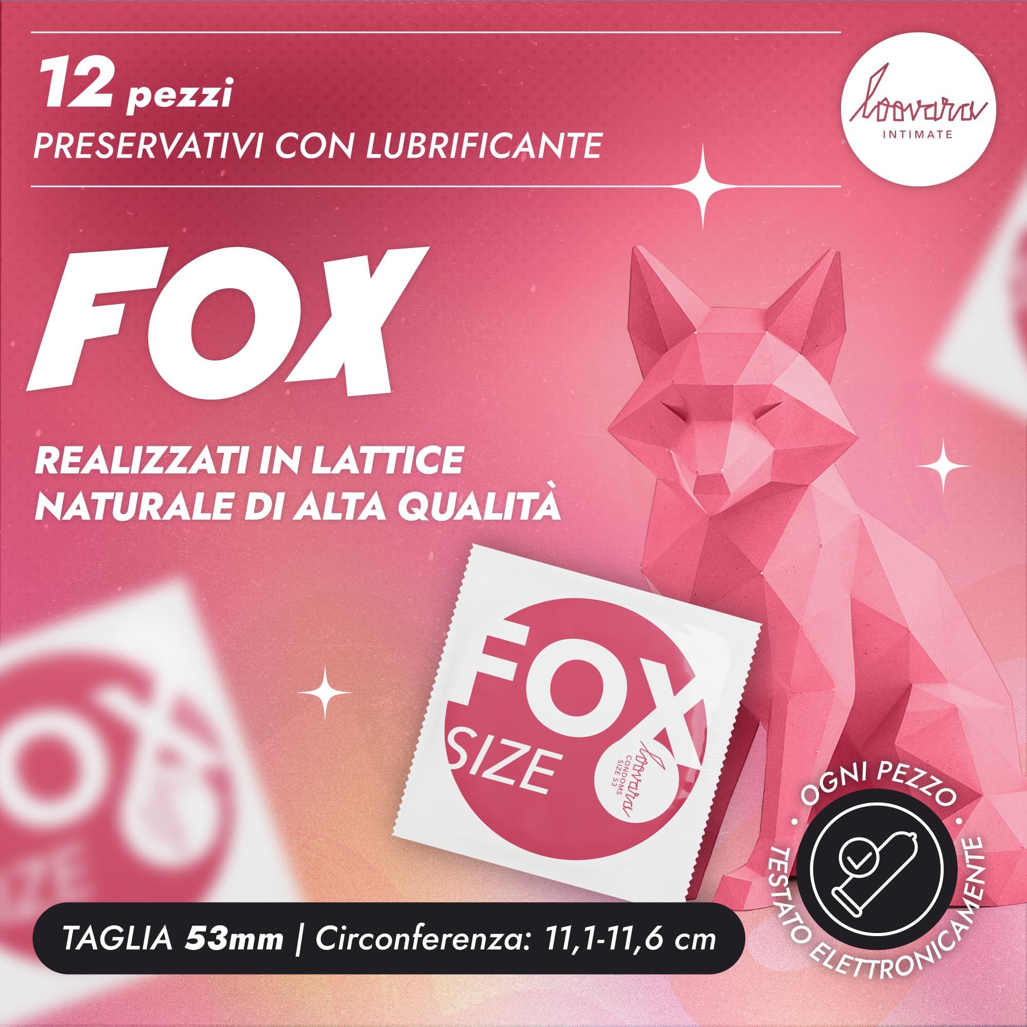 12 preservativi Loovara, taglia 53 Fox, con lubrificante, in lattice naturale.