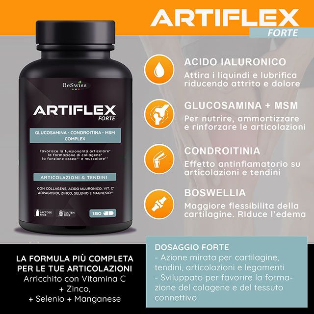 Immagine del prodotto ArtiFlex Forte. Contiene acido ialuronico, glucosamina, condroitina. Testo: Per le articolazioni. 180 capsule.