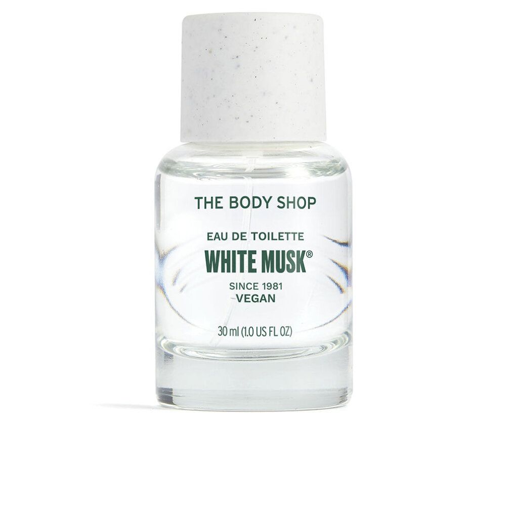 Flacone trasparente con tappo bianco. Scritta: White Musk, Eau de Toilette, Vegan. 30 ml.