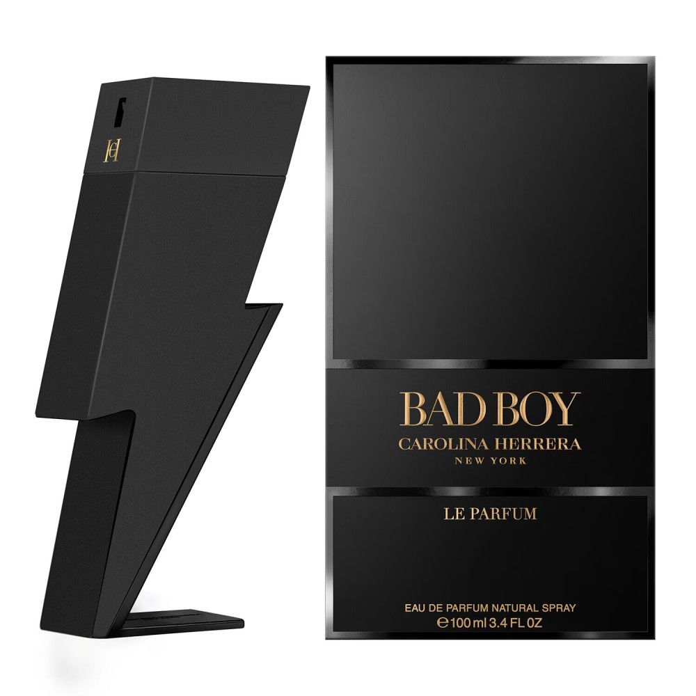 Flacone nero a forma di fulmine e confezione rettangolare. Scritta: BAD BOY, CAROLINA HERRERA, LE PARFUM.