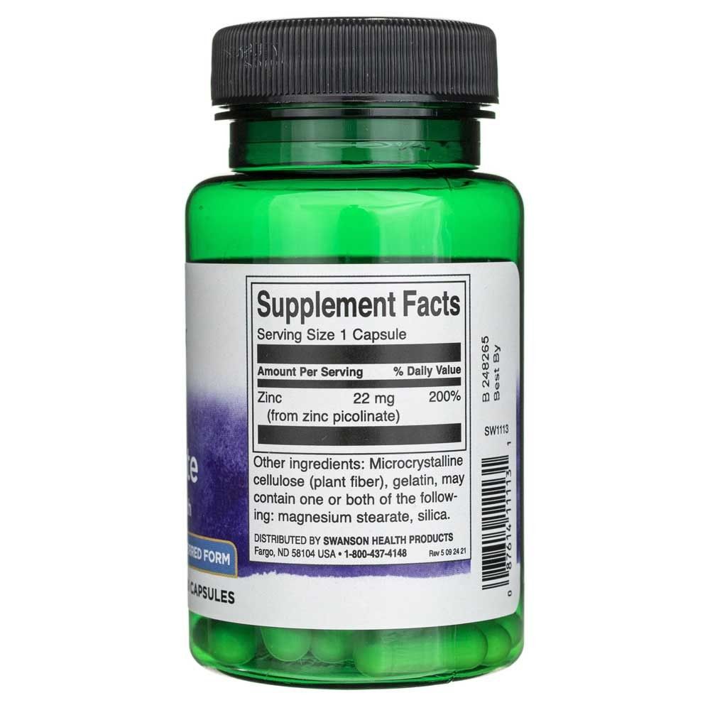 Flacone verde di capsule di zinco picolinato. Supplement Facts indica 22 mg di zinco per capsula.