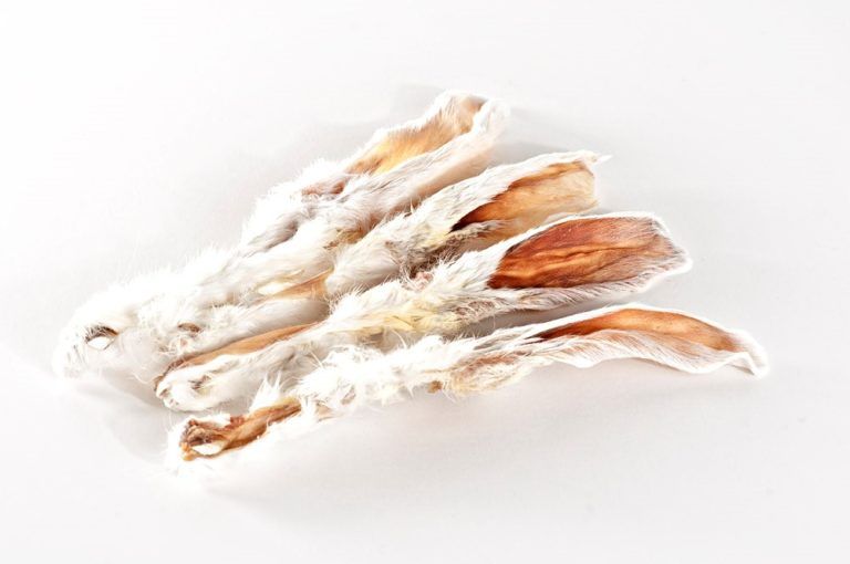 Diverse orecchie di coniglio essiccate con pelo. Presentate su sfondo bianco. Le orecchie sono marrone chiaro e bianche.