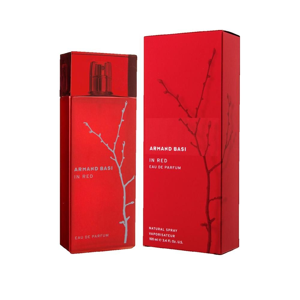 Flacone e scatola rossi. Scritta: Armand Basi In Red. Design ramo grigio. Eau de Parfum. Confezione.