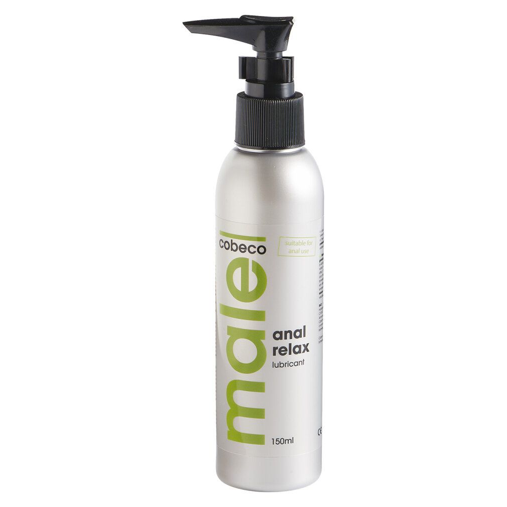 Flacone argento con dosatore nero. Scritta: male, anal relax lubricant, Cobeco. 150ml.
