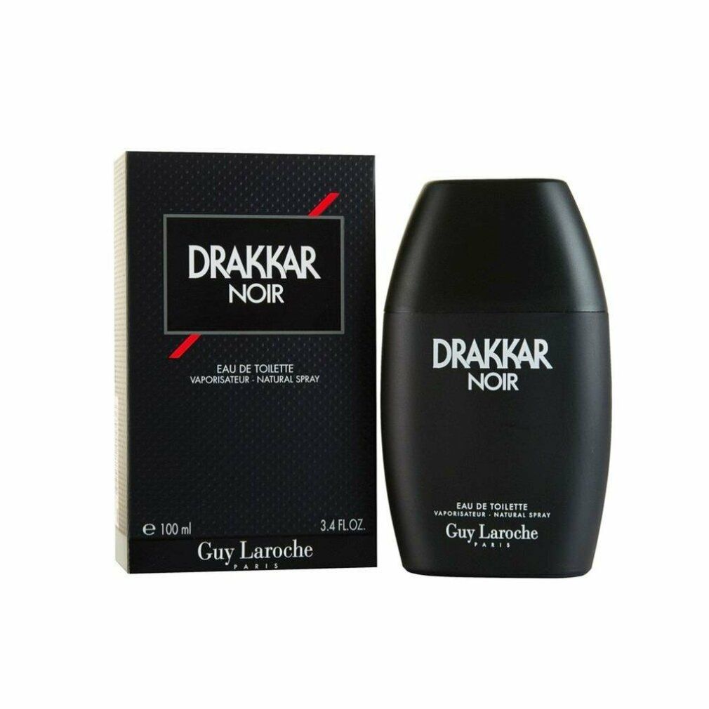 Flacone e scatola Drakkar Noir. Flacone nero, forma ovale. Scatola con logo e testo. Eau de Toilette. Guy Laroche.