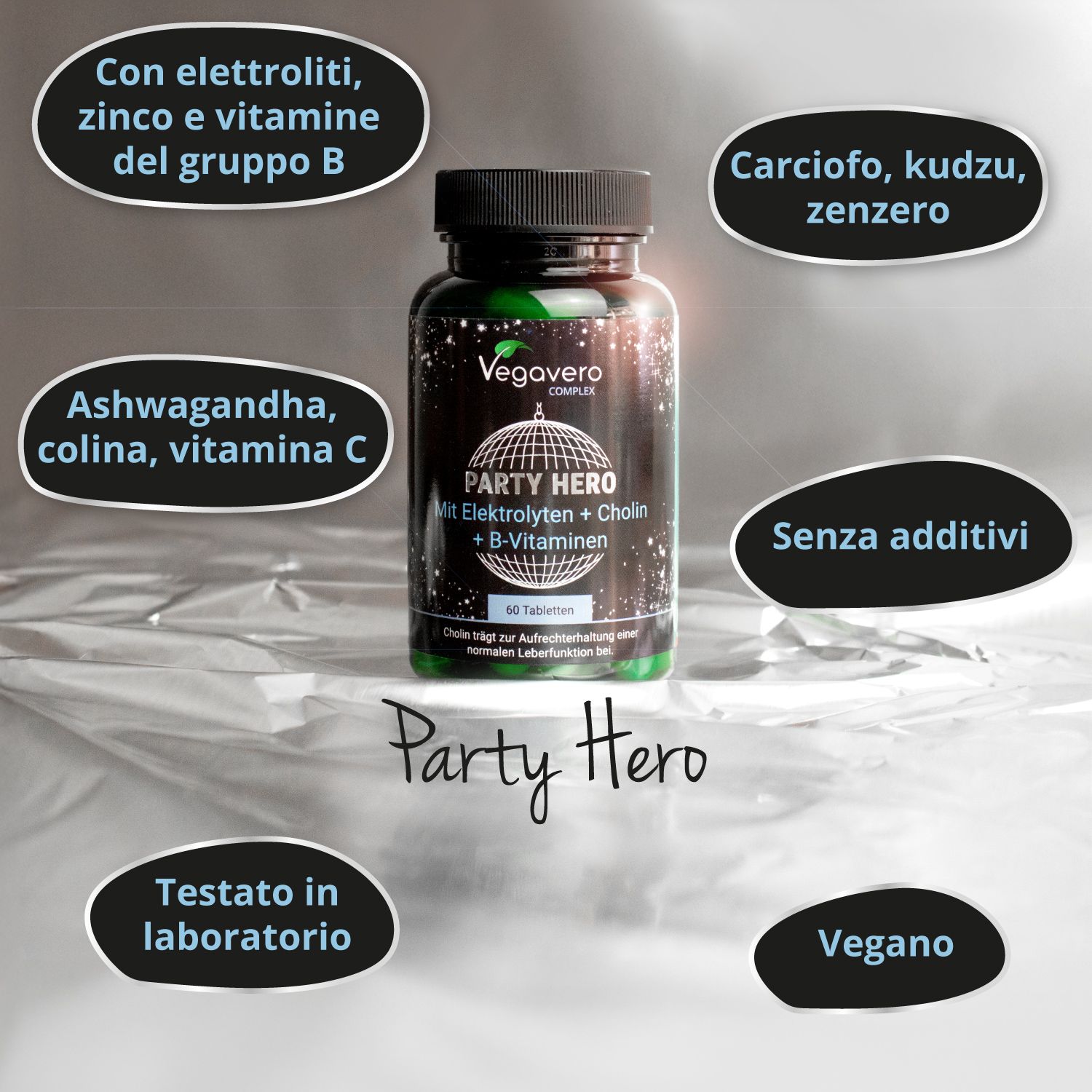 Flacone verde con tappo nero. Scritta: Vegavaro COMPLEX, PARTY HERO, Con elettroliti + colina + vitamine B. 60 compresse. Informazioni aggiuntive.