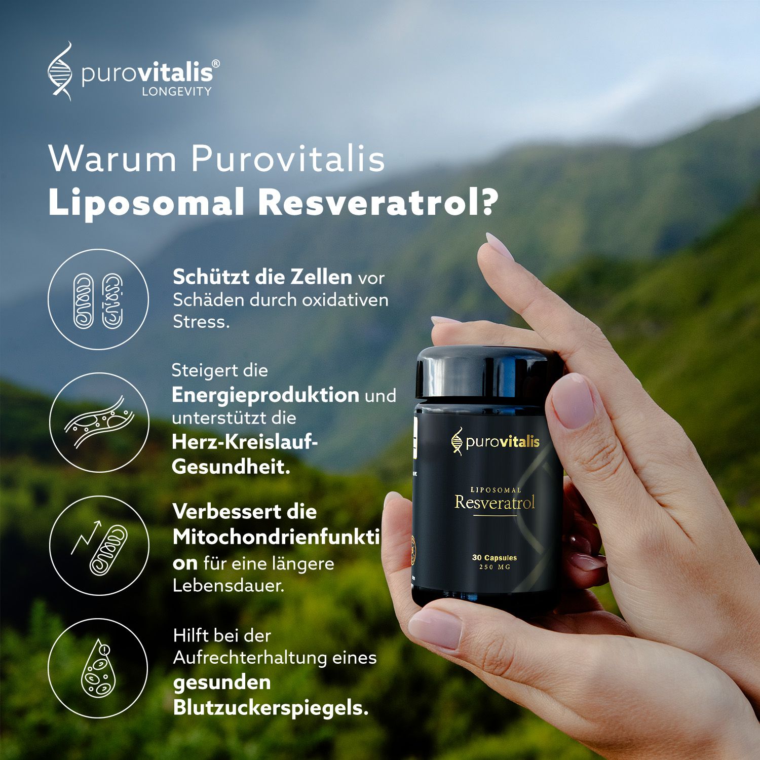 Mani che tengono un flacone 'Purovitalis Liposomal Resveratrol'. Testo: 'Perché Purovitalis Liposomal Resveratrol?'