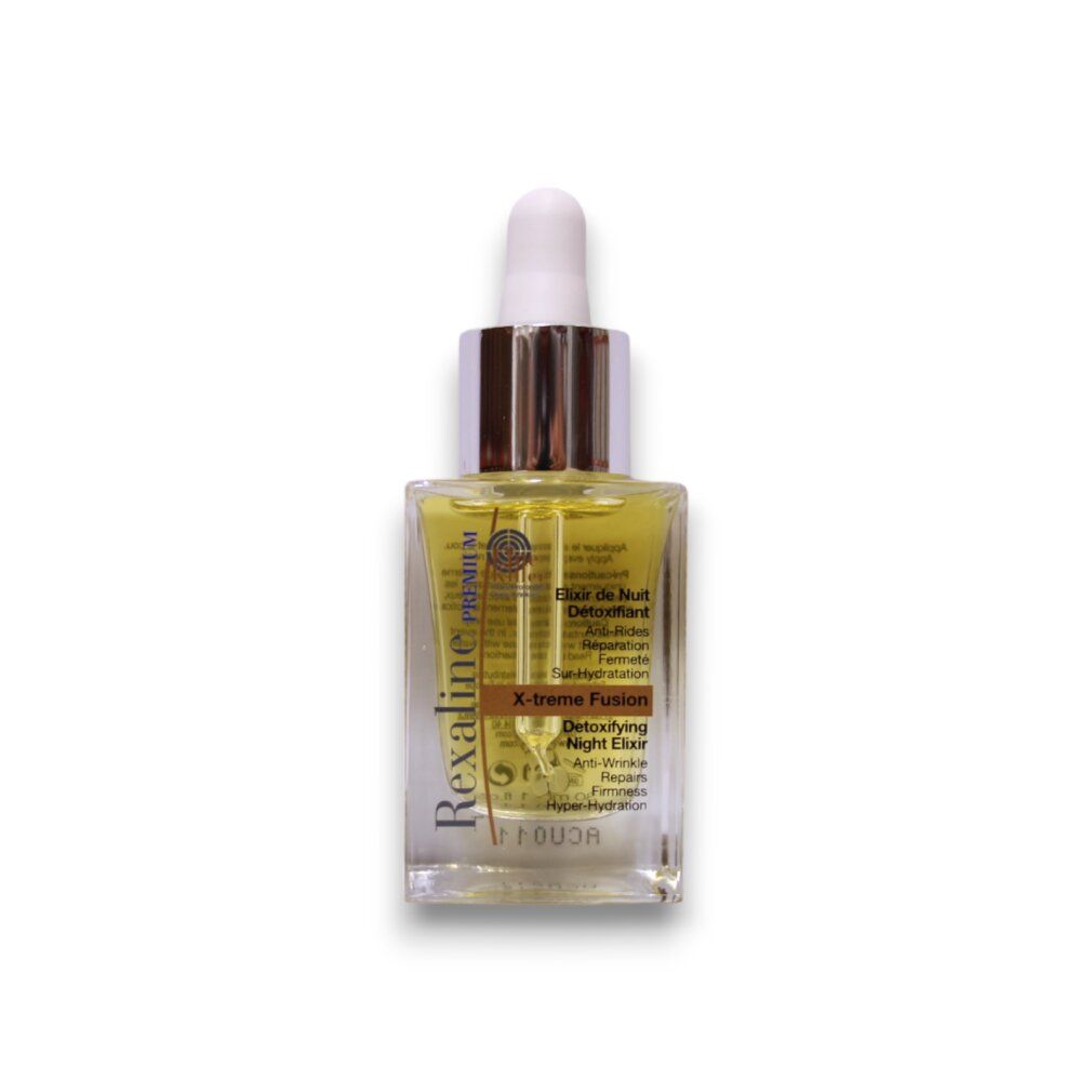 Flacone Rexaline con contagocce, contenente siero giallo. Etichetta "X-treme Fusion" e "Detoxifying Night Elixir".