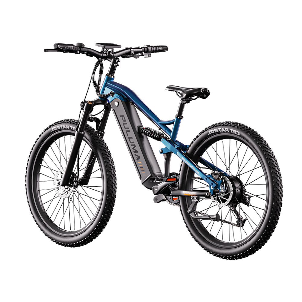 E-bike fuoristrada blu. Pneumatici, sella e manubrio neri. Scritta "PULUMA" sul telaio. Sistema di sospensione.