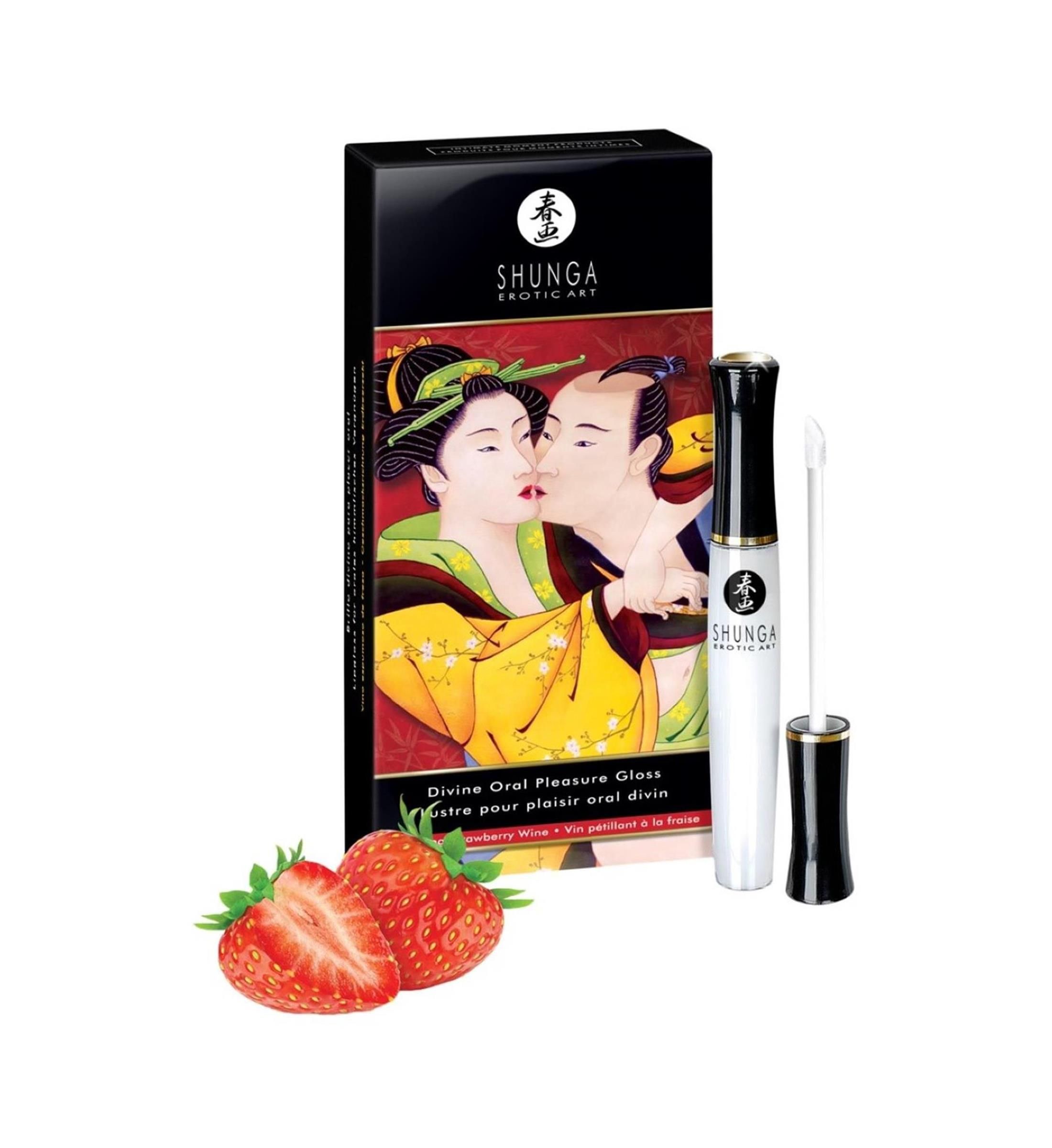 Lucidalabbra bianco con tappo nero e applicatore. Confezione con motivo artistico e fragole.