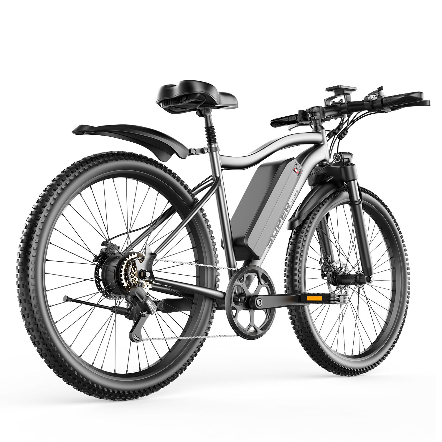 E-bike vista da dietro. Pneumatici neri, parafanghi, cambio e batteria. Telaio grigio.