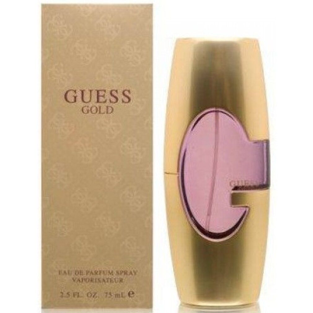 Flacone e scatola dorati. Flacone con inserto rosa. Sulla scatola è scritto "GUESS GOLD".