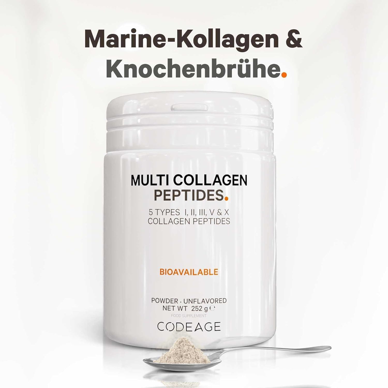 Contenitore di polvere bianca 'Multi Collagen Peptides'. Contiene 5 tipi di collagene. Marchio: Codeage. Con cucchiaio.