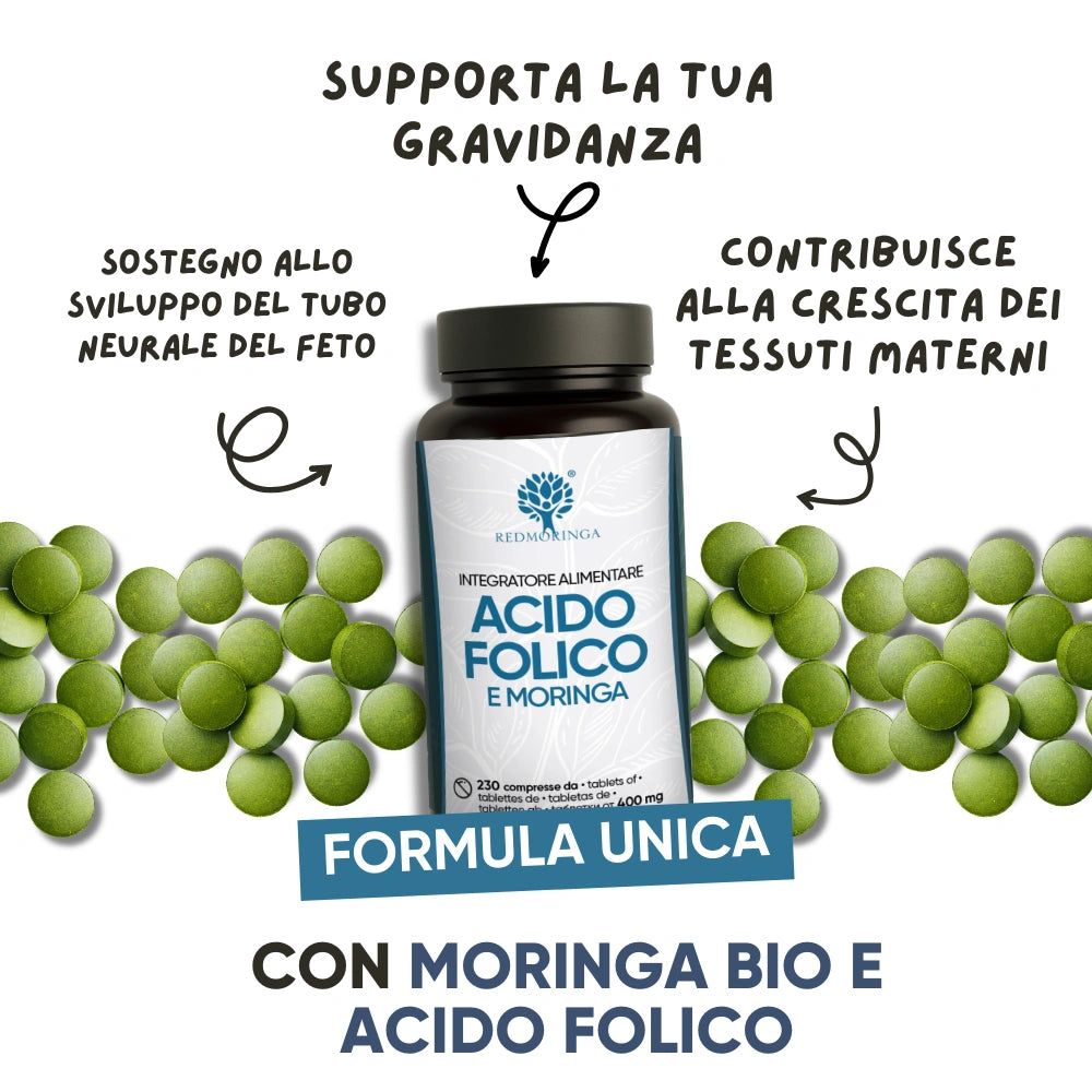 Flacone con compresse. Testo: Redmoringa, Acido Folico e Moringa. Supporta la gravidanza, con Moringa Bio.