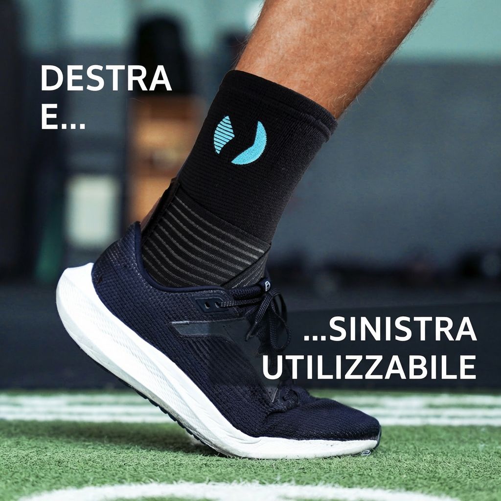 Tutore alla caviglia sulla gamba. Testo: Utilizzabile a destra e... a sinistra.