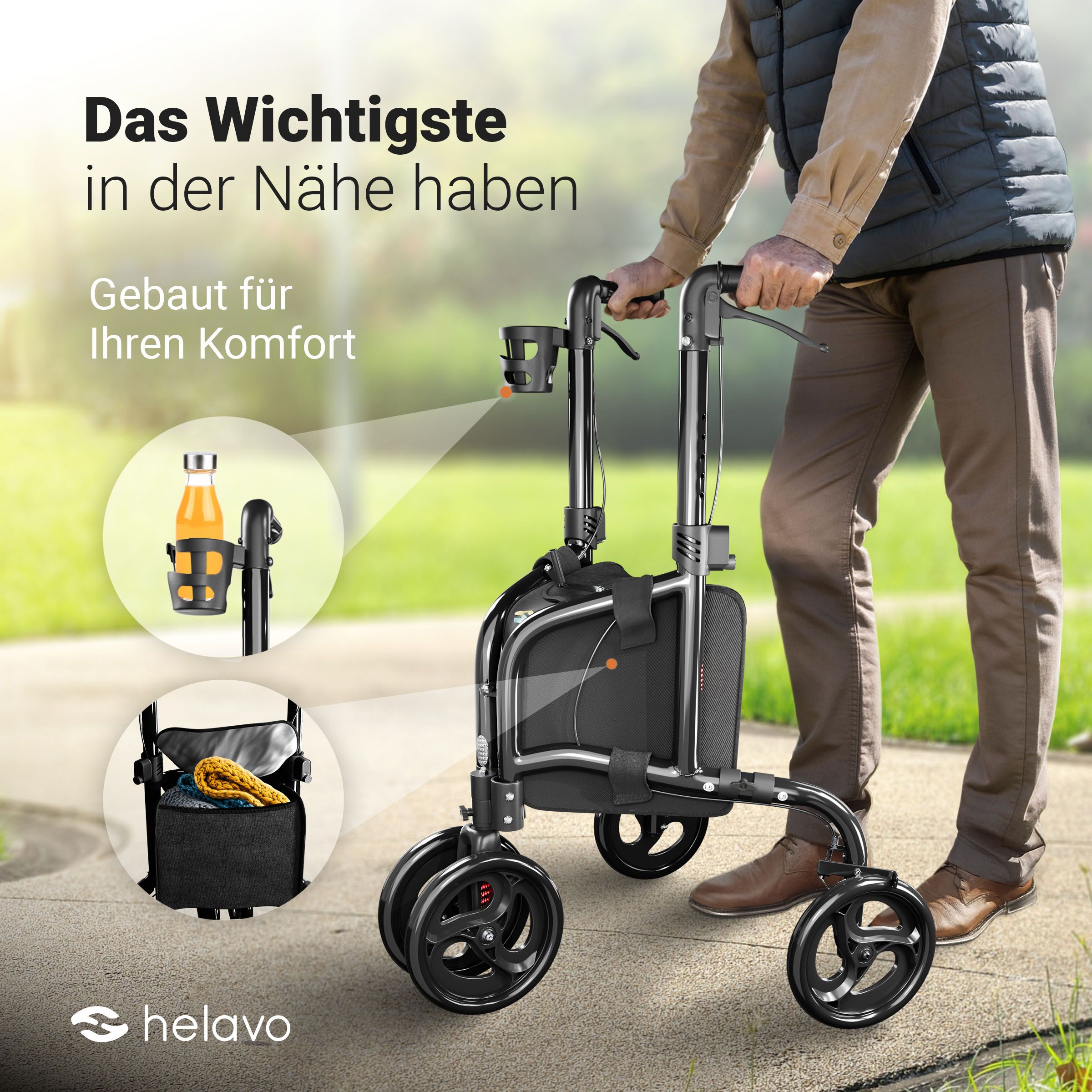 Uomo che usa un rollator stretto con portabicchieri e borsa.