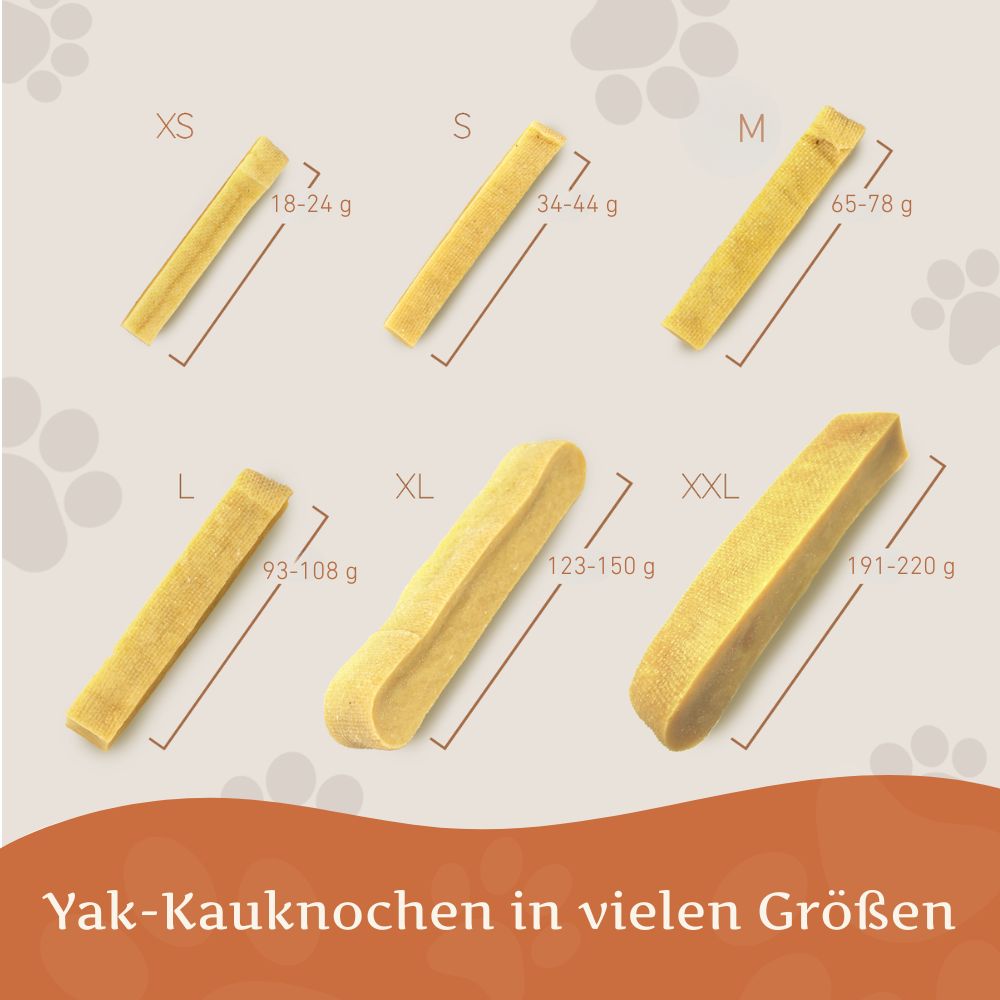 Grafico con snack masticabili di diverse dimensioni per cani. Indicazioni di taglia in cm e di peso in grammi.