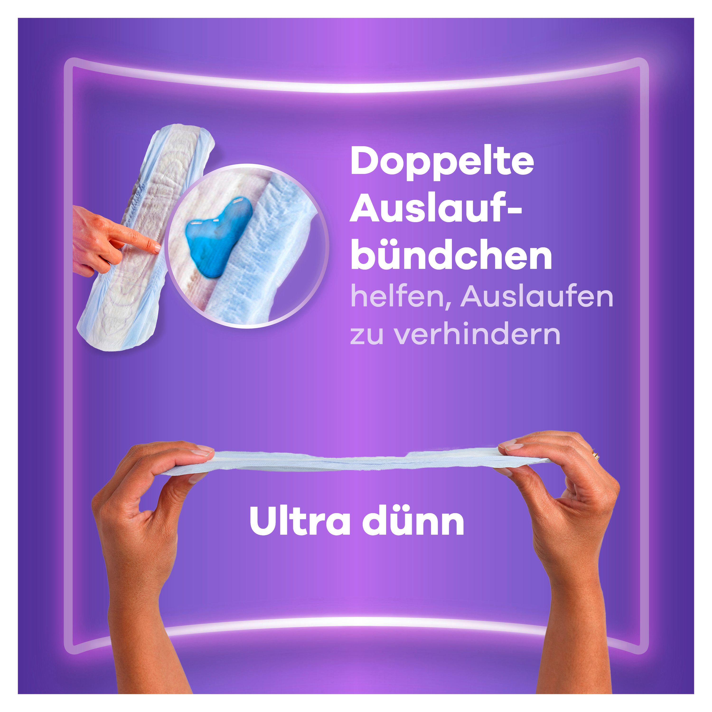 Assorbente con liquido blu che mostra l'assorbenza. Testo "Ultra dünn" e "Doppelte Auslaufbündchen".