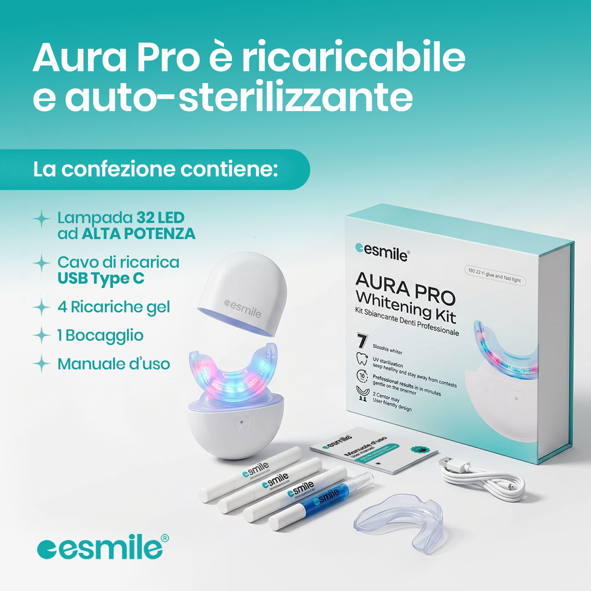 Kit sbiancante denti con luce LED e accessori. Include base, mascherina, penne gel, cavo di ricarica e manuale.