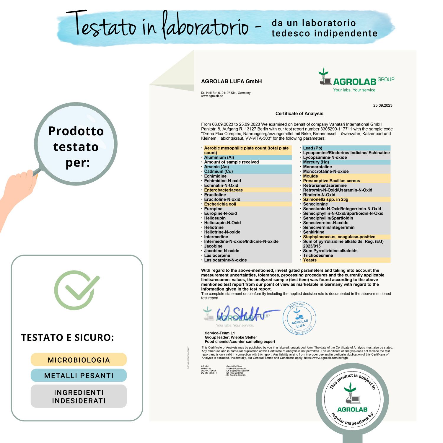Rapporto di certificazione di Agrolab. Conferma dei test su microbiologia, metalli pesanti e sostanze indesiderate.