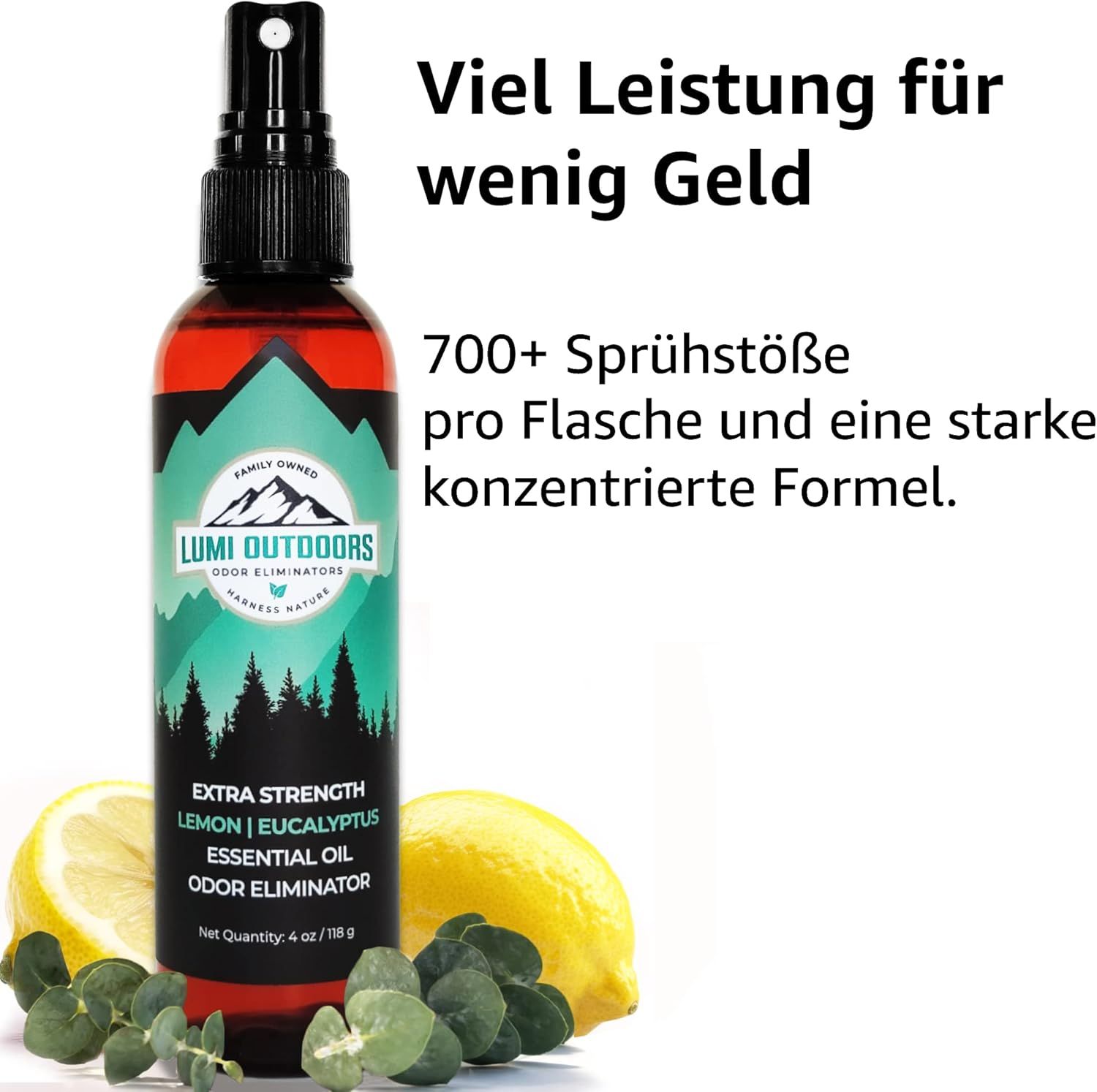 Flacone di prodotto accanto a limoni ed eucalipto. Testo: 700+ spruzzi per flacone e una formula concentrata.