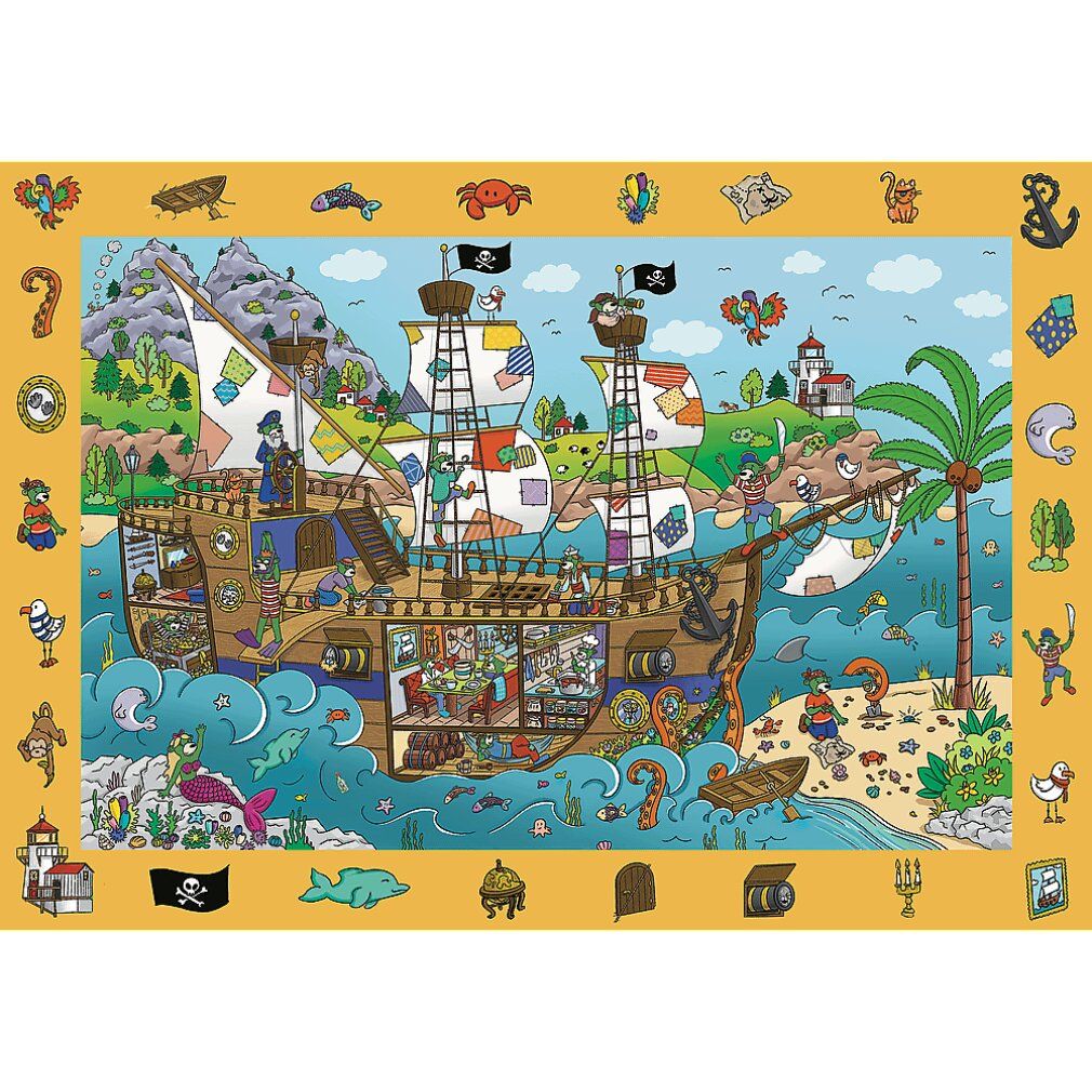 Puzzle nave pirata da 100 pezzi. Scena con pirati, mare, isola e tesoro. Bandiere pirata nere. Cornice del puzzle con oggetti da cercare.