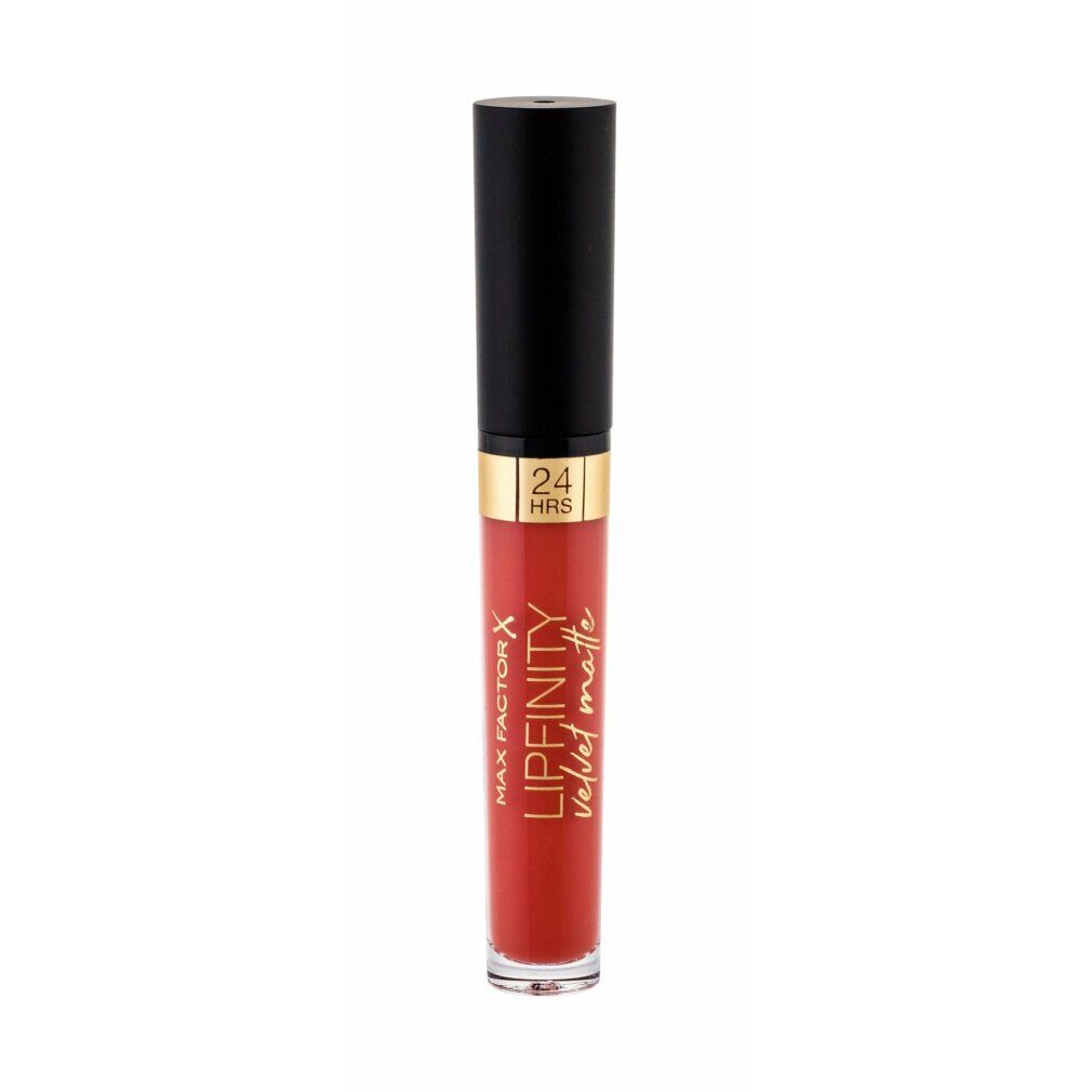 Rossetto Max Factor Lipfinity Velvet Matte. Tonalità rossa. Tappo nero. Scritta: 24 HRS.
