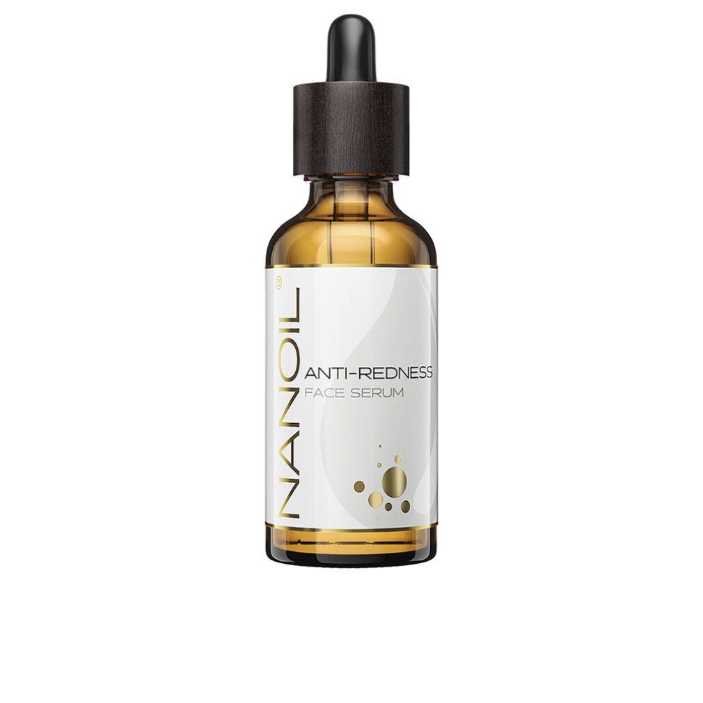 Flacone di vetro ambrato con contagocce. Etichetta "NANOIL ANTI-REDNESS FACE SERUM".