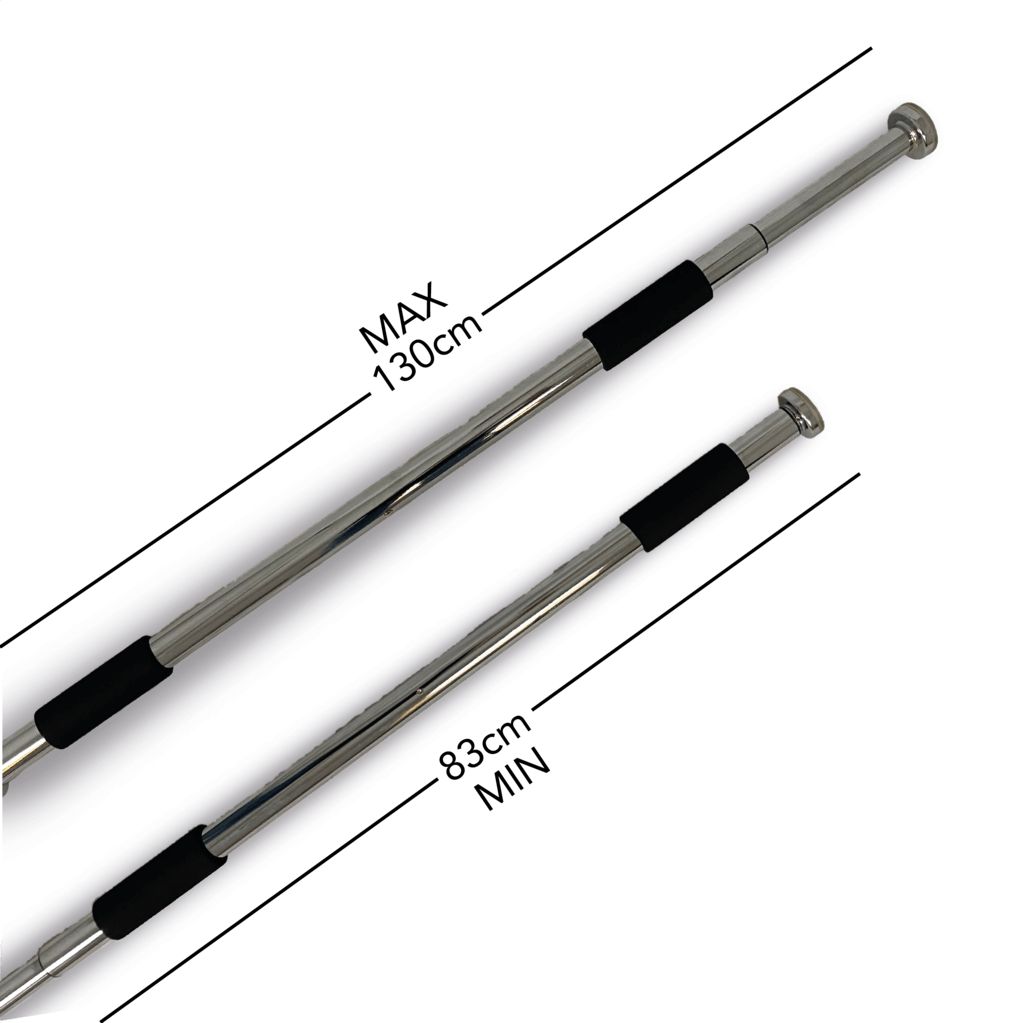 Barra per trazioni estensibile. Lunghezza massima 130cm, minima 83cm. Metallo, impugnature nere.