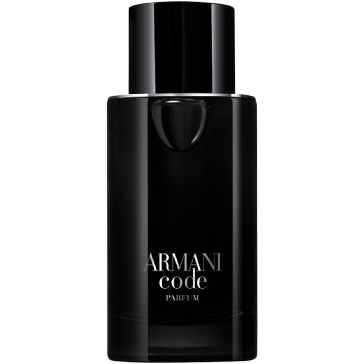 Flacone nero con tappo nero. Scritta: Armani Code Parfum. Flacone in vetro.