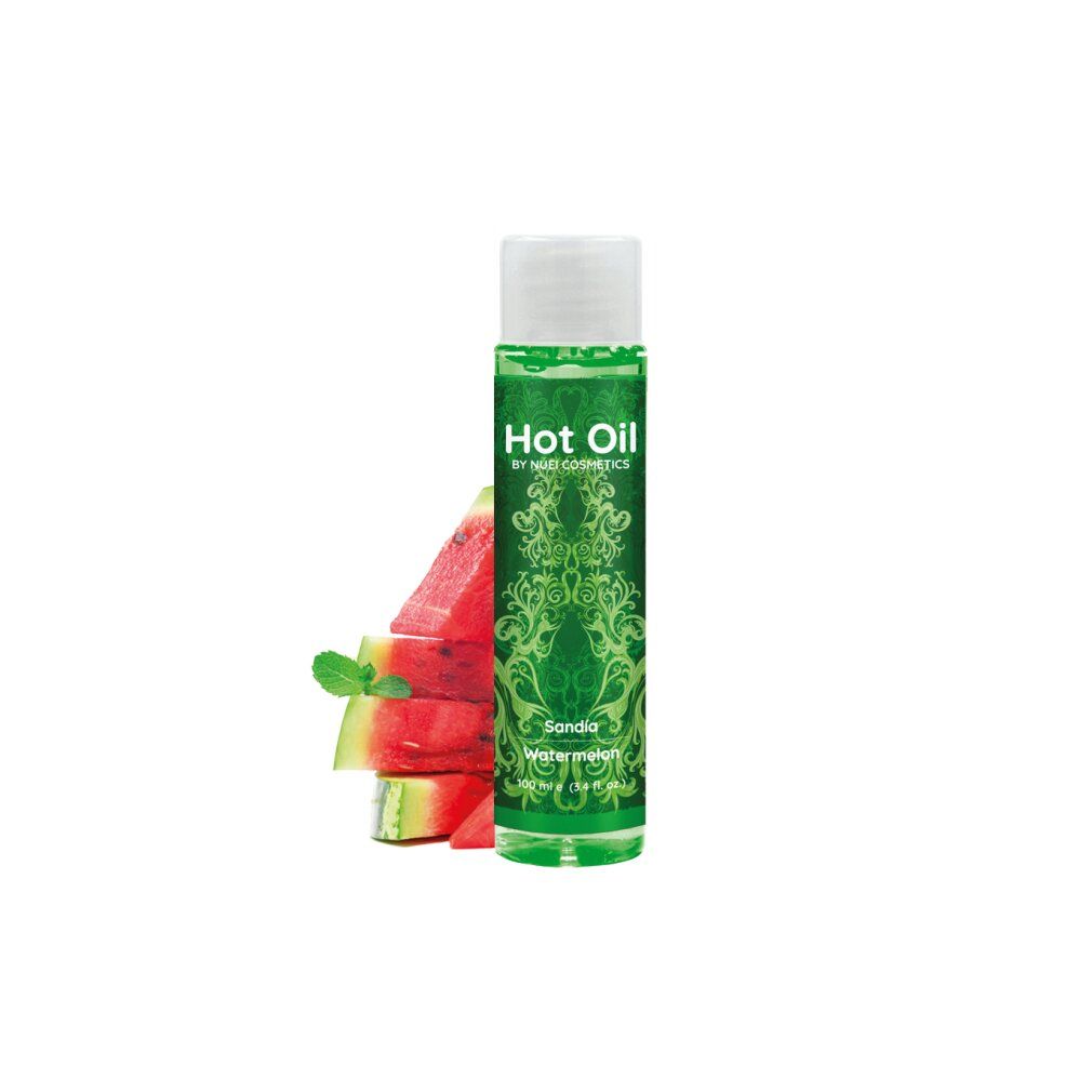 Flacone verde con tappo bianco, fette di anguria e menta. Scritta: Hot Oil, Sandía, Watermelon.