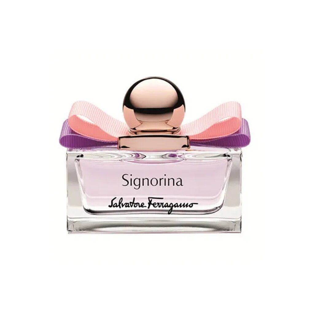 Flacone di profumo Signorina con liquido rosa, fiocco e tappo dorato. Flacone in vetro trasparente con scritta.