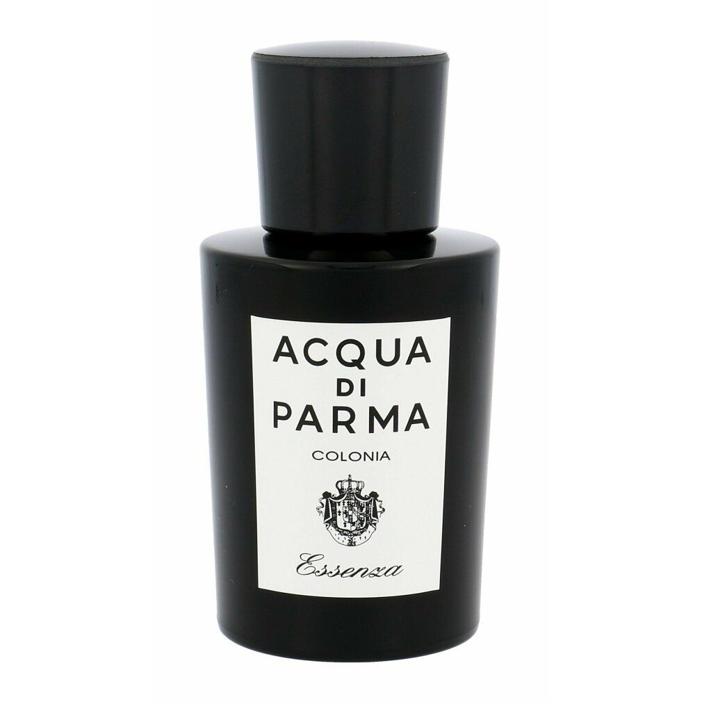 Flacone nero ACQUA DI PARMA COLONIA ESSENZA con tappo nero. Etichetta bianca con testo e logo.