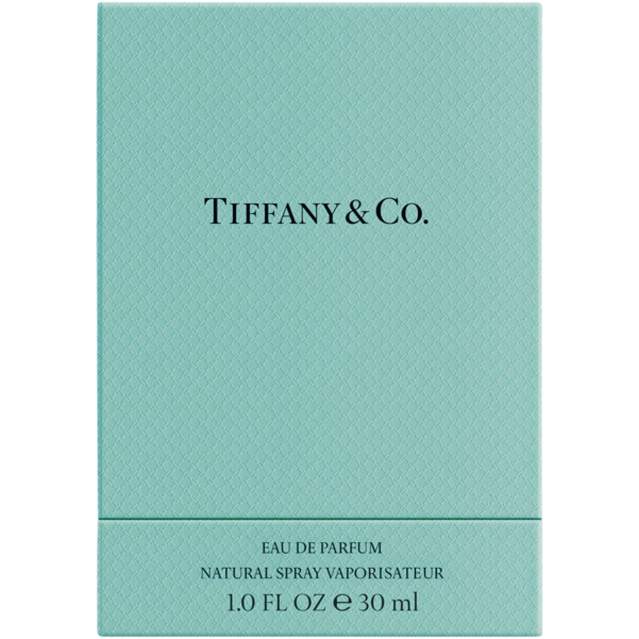 Scatola turchese con logo Tiffany & Co. Scritta: Eau de Parfum, Natural Spray Vaporisateur, 1.0 FL OZ e 30 ml.