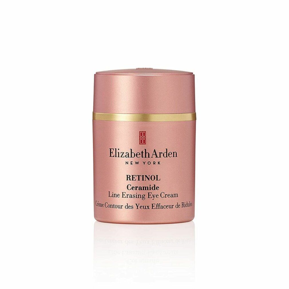Vaso cosmetico rosa con anello dorato. Testo: Elizabeth Arden, Retinol Ceramide Line Erasing Eye Cream. Nome del prodotto e logo.