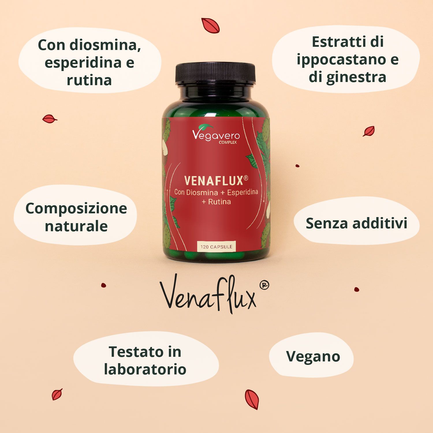 Flacone verde con tappo nero. Etichetta rossa con scritta bianca: Venaflux Complex. Informazioni aggiuntive.