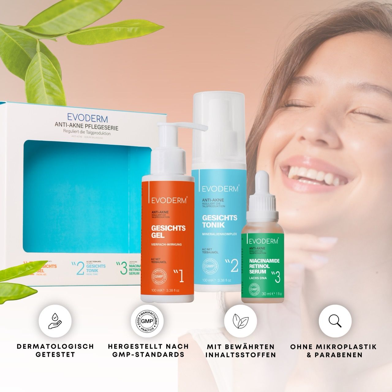 Tre prodotti: gel, tonico e siero. Donna sullo sfondo. Testo: Linea di cura anti-acne. Dermatologicamente testato.
